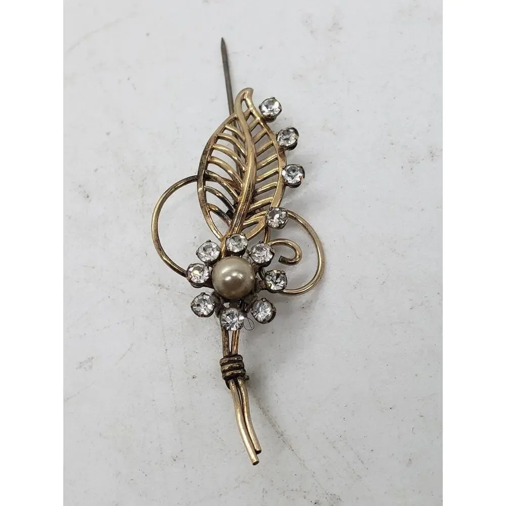 Vintage Van Dell 1/20 12K GF Gold Filled Rhinestone Pearl Leaf Floral Brooch Pin